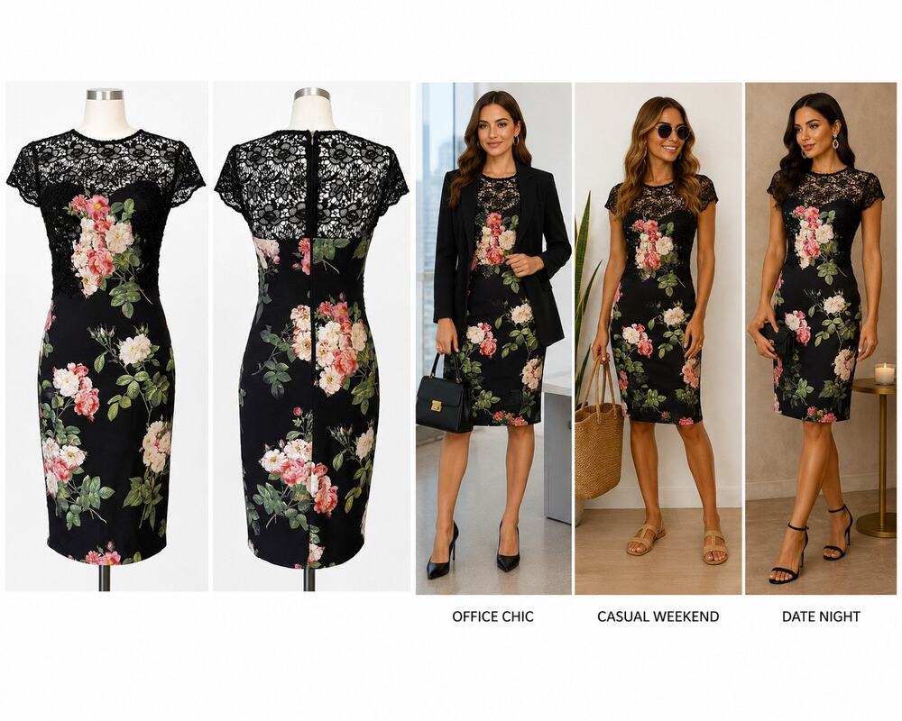 Paper Dolls London Black Floral Lace Sheath Dress | Crochet Lace Overlay |Size 4